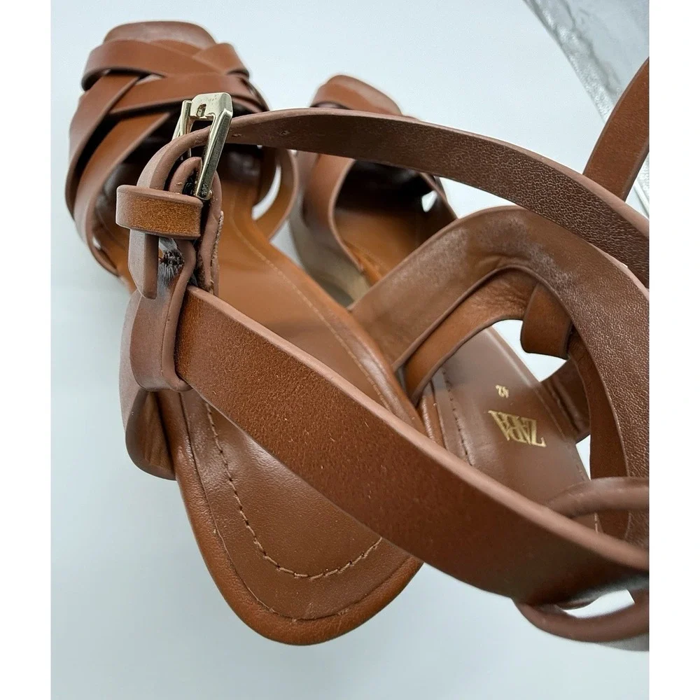 Zara Leather Platform retro chunky Strappy Wooden Heeled Sandals Size 10 - Picture 10 of 15